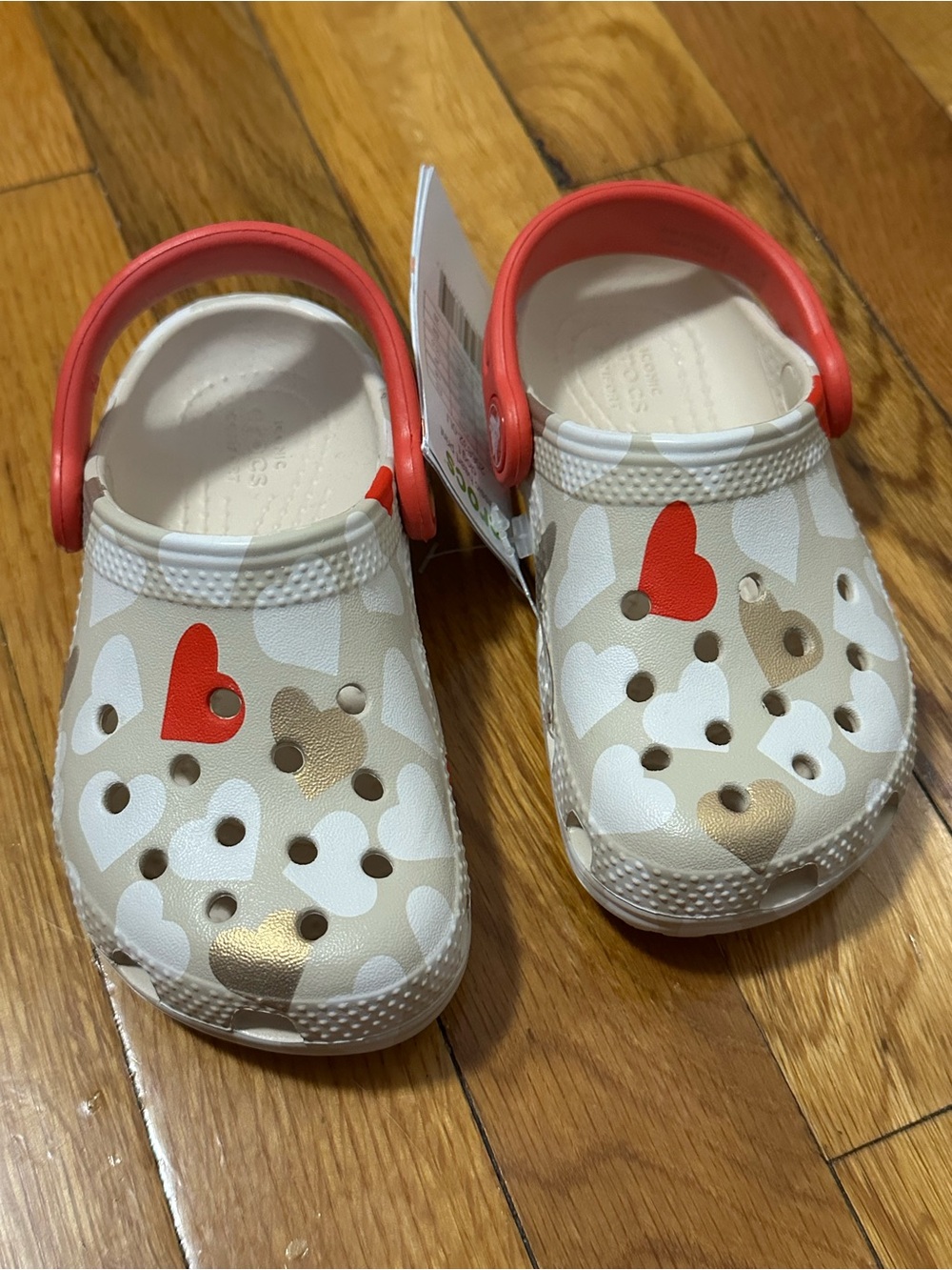 CROCS Kids Cream Clog Sandals with Coral Strap and Red Heart